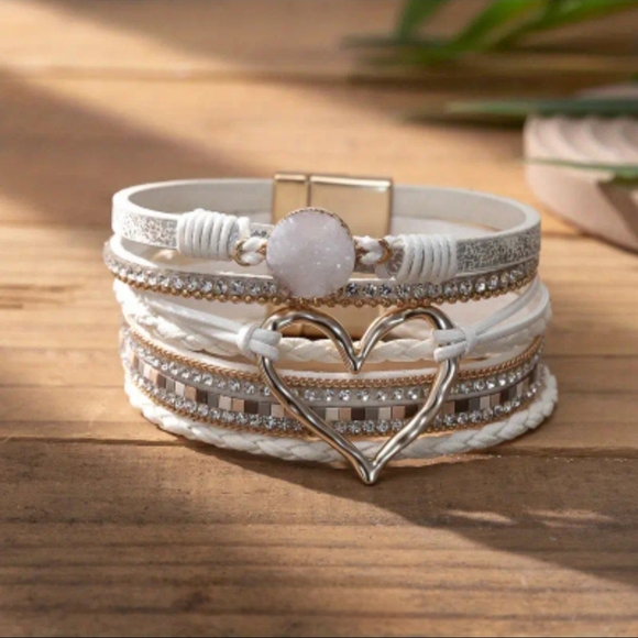 Boho Tribal Multi-layer PU Leather Rhinestone Heart Bracelet w/ Magnetic Buckle - Picture 3 of 8